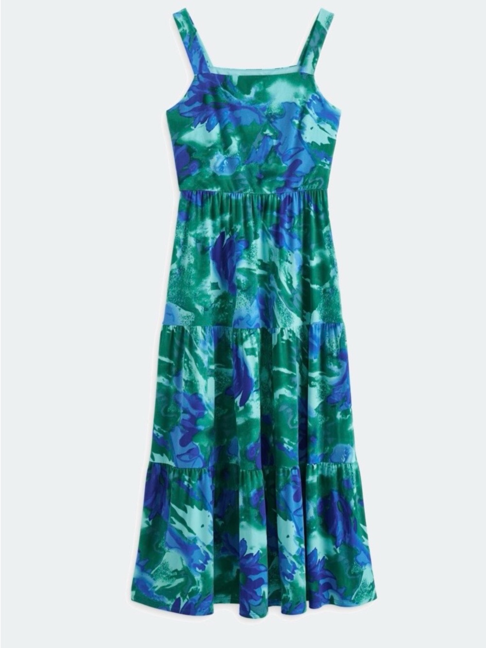 Gilli Blue Green Abstract Floral Tiered Midi Dress XL Petite